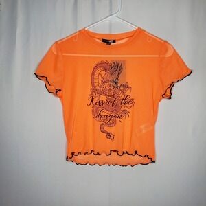 Fashion Nova Sheer Mesh Top Dragon Orange Asian‎ Inspire Whimsigoth Y2K Retro